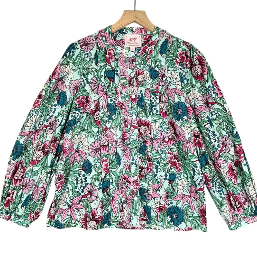 Anthropologie Banjanan Shirt Womens Large Green Pink‎ Floral Button Up NWT